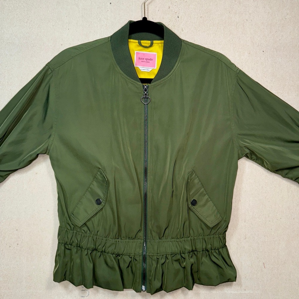 Kate Spade Green Bomber Jacket Peplum Hem Lightweight Women's Small